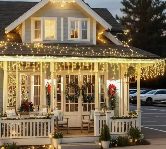 Āra un iekštelpu Ziemassvētku LED virtene “lāstekas”, 100 LED, 10 m, silta gaisma