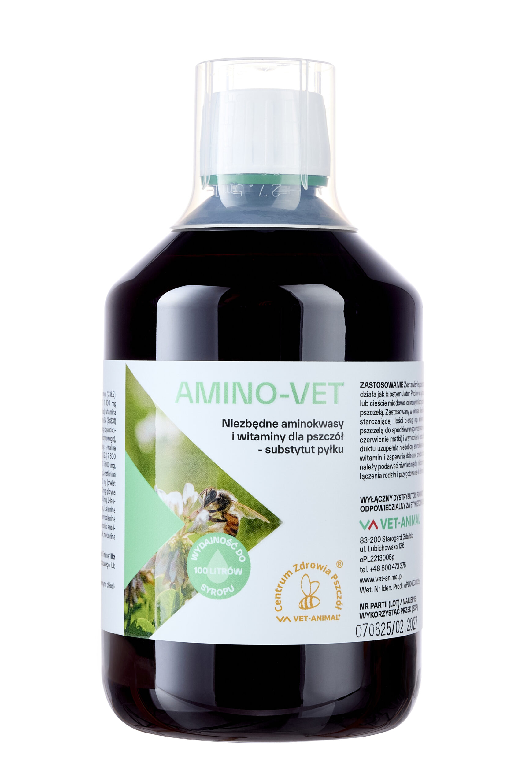 AMINO-VET – Neaizvietojamās aminoskābes un vitamīni bitēm (putekšņu aizstājējs), 500 ml.